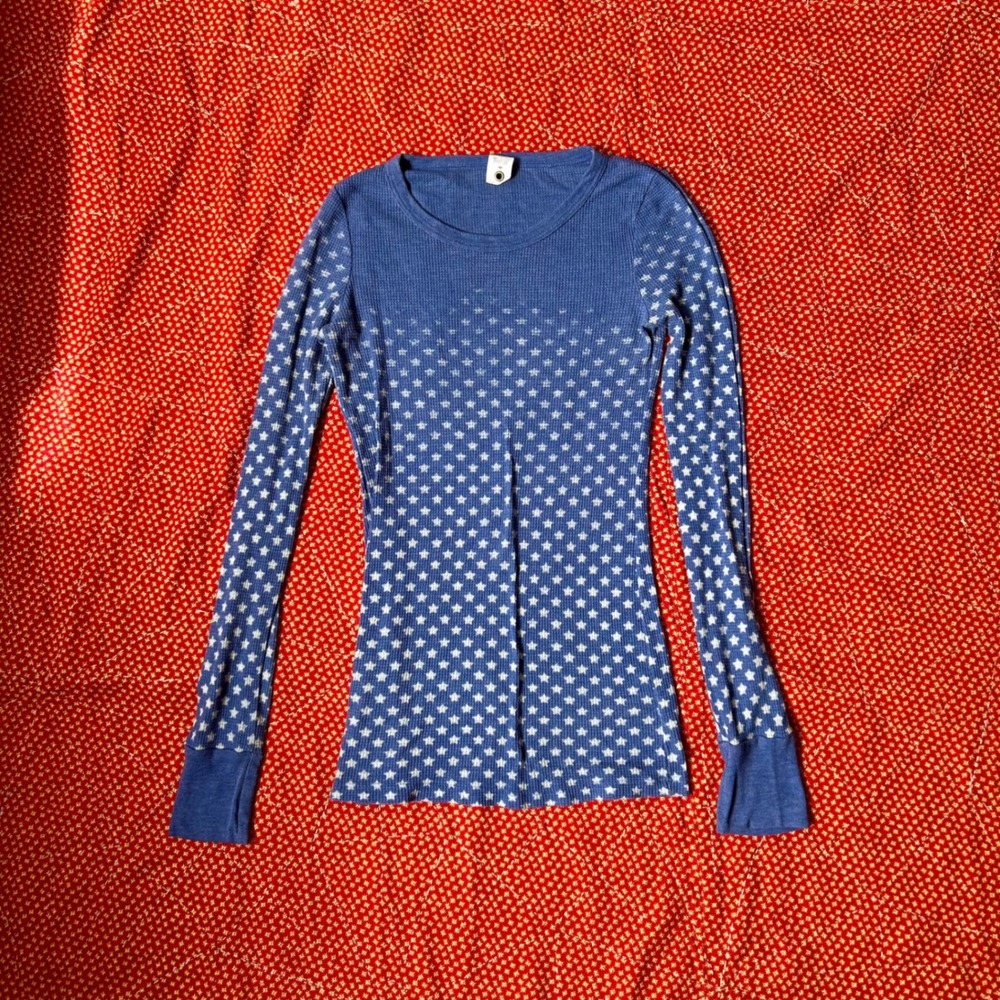 Free People Blue Waffle Knit Star Print Long Sleeve Thermal Top Small